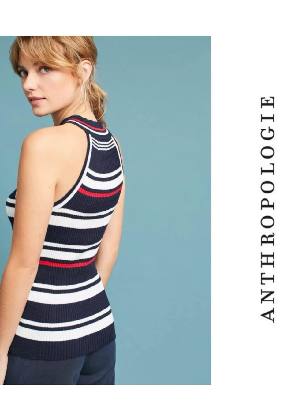 NWT Anthropologie Maeve Navy White and Red Striped Halter Ribbed Tank - Medium - Picture 7 of 9